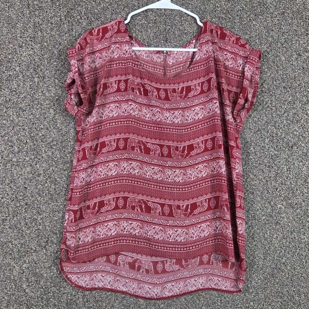 Unbranded Elephant Print Blouse Womens Large Burgundy Boho Zipper Back‎
